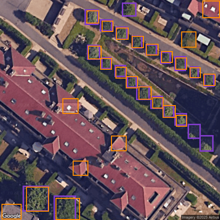 TreeBoxes evaluation overlay: purple ground truth, orange DeepForest predictions